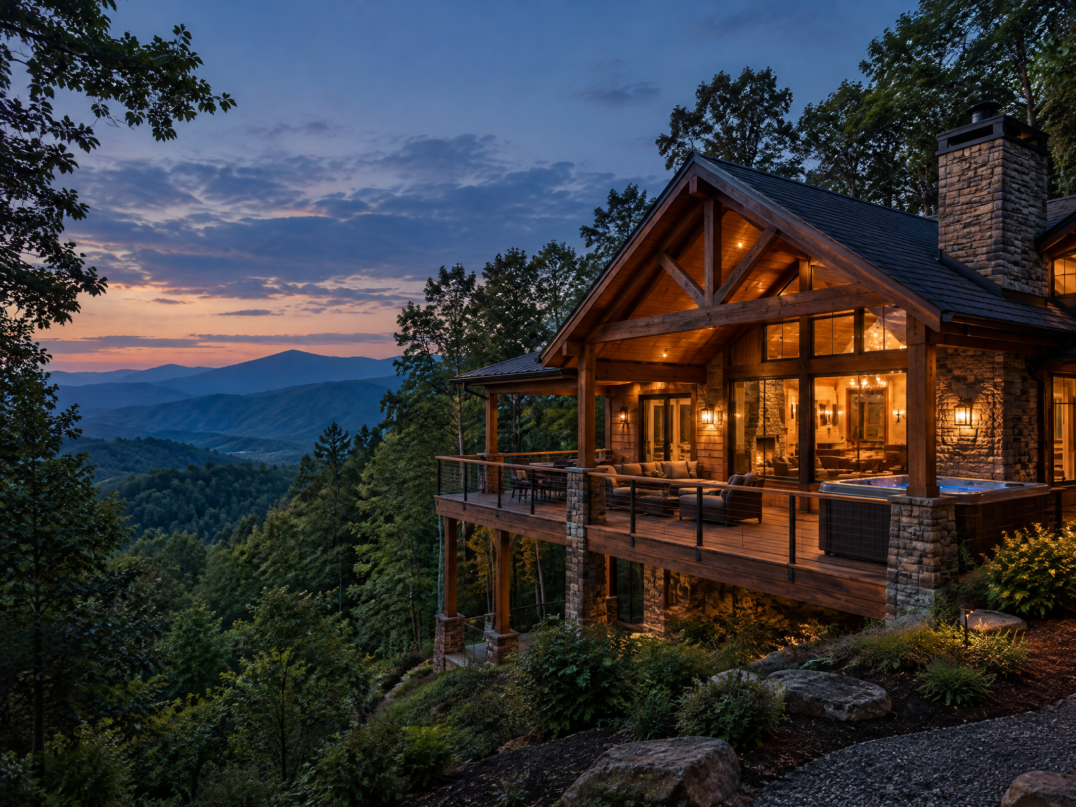 Illustrative luxury Smoky Mountain cabin exterior at dusk with a deck, hot tub, and mountain views