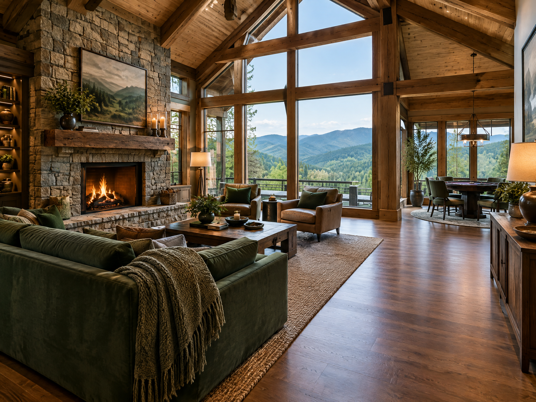 Illustrative guest-ready luxury cabin great room with a stone fireplace and mountain views
